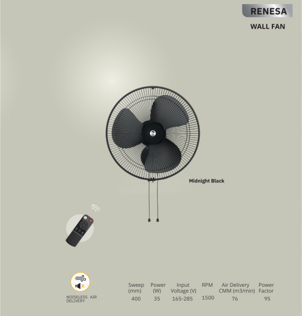 ATOMBERG RENESA 400MM WALL FAN - Midnight Black