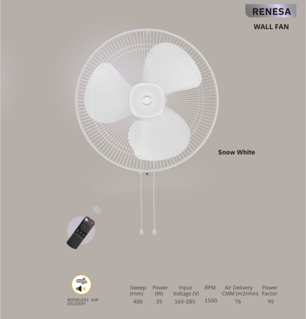 ATOMBERG RENESA 400MM WALL FAN - Snow White